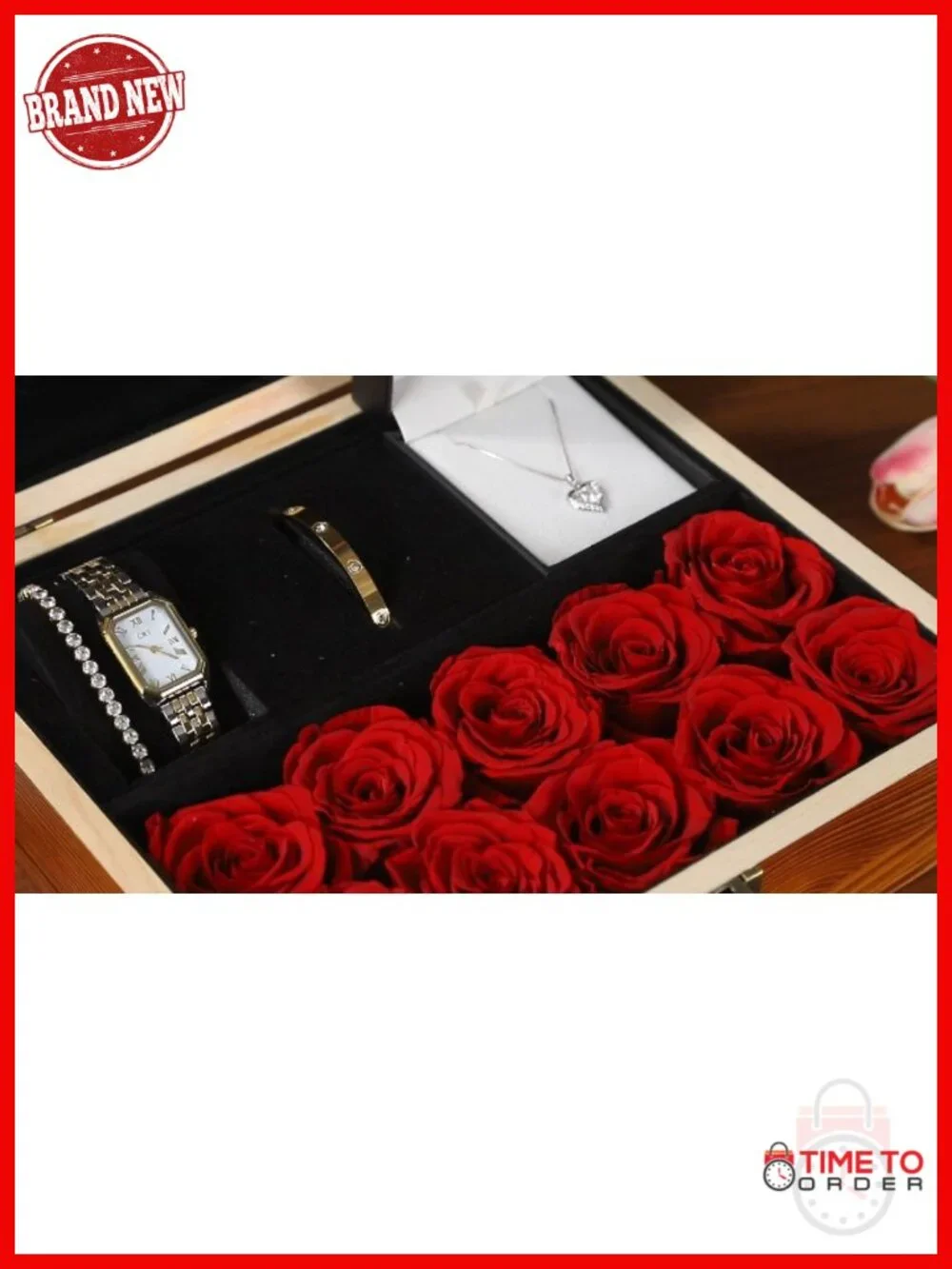 Luxury Jewelry Set with Watch, Necklace, Bracelet, Preserved Roses, Solid Wood